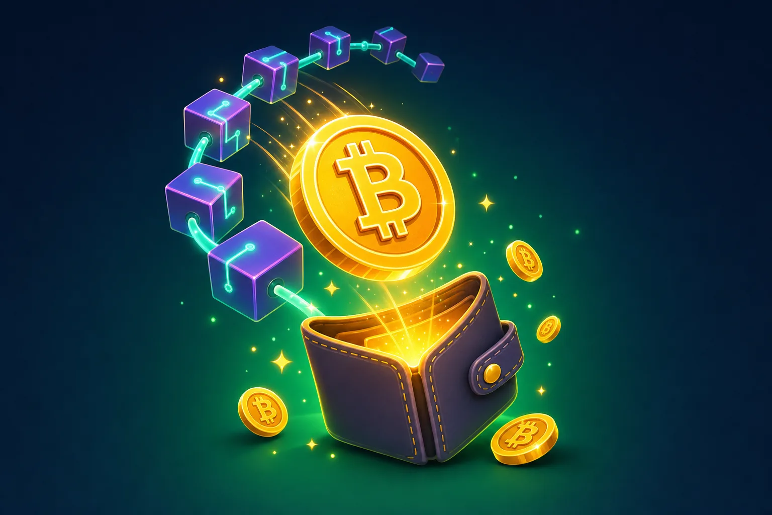 A Bitcoin coin travels along a chain of blocks into a wallet